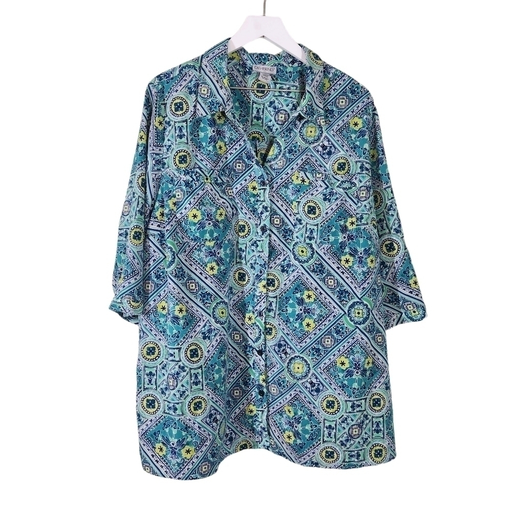 Catherine's The Timeless Blouse Green Geo Print Button Up Shirt, sz 2X